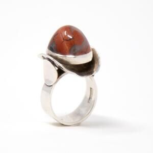 Vintage MSM Signed Sterling M.I.F. Brecciate Red Jasper Silver Ring Small Sz 5
